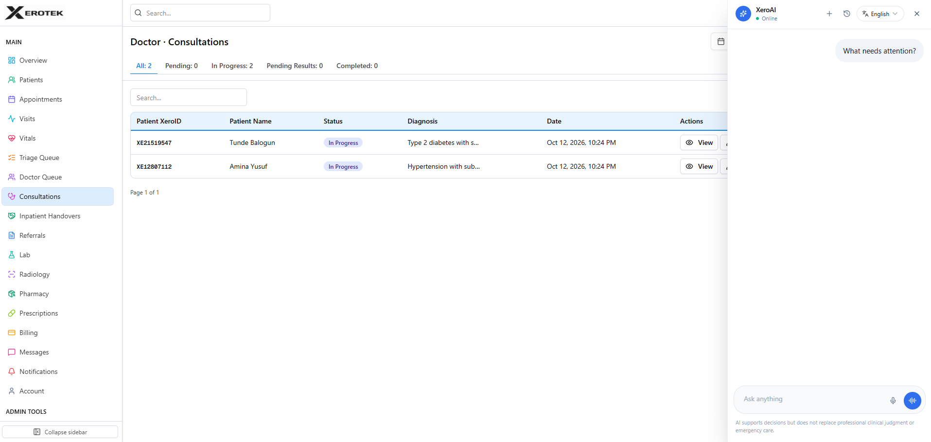 Xerotek facility dashboard
